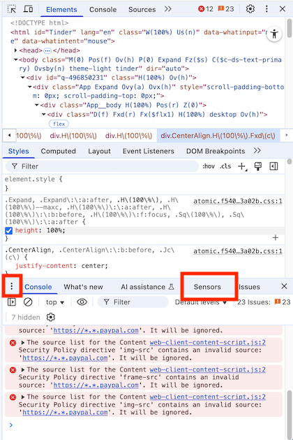 Onglet « Sensors » dans les outils de développement de Chrome