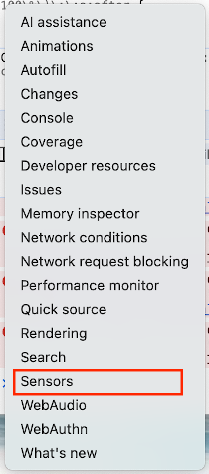 Panneau « Sensors » dans les outils de développement de Chrome