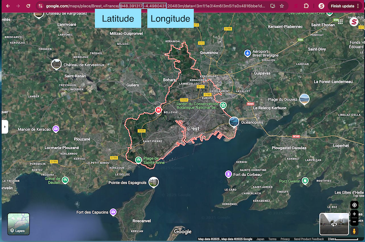 Google Maps affichant les coordonnées dans l’URL
